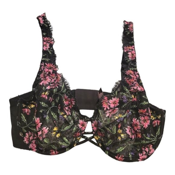 Victoria's Secret Black Very Sexy Unlined Demi Embroidered Floral Bra 36 DD - Picture 1 of 5